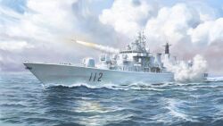 Rule 34 | cloud, dated, destroyer, firing, harbin (ddg-112), highres, jeffholy, military vehicle, missile, no humans, ocean, people&#039;s liberation army, people&#039;s liberation army navy, radar dish, real life, rocket launcher, ship, signature, smoke, turret, type 052 destroyer, warship, watercraft, waves, weapon