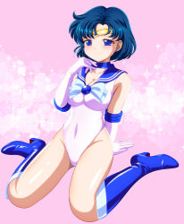 Rule 34 | 1girl, bishoujo senshi sailor moon, blue bow, blue choker, blue eyes, blue footwear, blue hair, blue sailor collar, bow, breasts, choker, commentary request, covered navel, elbow gloves, gloves, highleg, highleg leotard, highres, leotard, magical girl, medium breasts, mizuno ami, pink background, pirochi, sailor collar, sailor mercury, sailor senshi uniform, short hair, simple background, sitting, solo, tiara, wariza, white background, white gloves