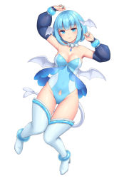 Rule 34 | 1girl, armpits, arms up, bare shoulders, blue eyes, blue hair, blunt bangs, blush, boots, breasts, bridal gauntlets, cleavage, collar, collarbone, elbow gloves, gloves, head wings, high heel boots, high heels, highres, leotard, looking at viewer, lying, medium breasts, nail polish, on back, original, sasaame, short hair, smile, solo, strapless, strapless leotard, tail, thigh boots, thighhighs, white background, wings