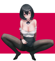 Rule 34 | 1girl, absurdres, artist name, azur lane, black hair, black pantyhose, black ribbon, blush, body writing, bow, breasts, cleavage, closed mouth, clothes lift, clothes pull, collarbone, full body, hair bow, highres, large breasts, lifting own clothes, long hair, long sleeves, looking at viewer, neck ribbon, no shoes, off shoulder, pantyhose, pearl thong, red background, red bow, red eyes, ribbon, shirt, shirt pull, skirt, skirt lift, spread legs, taihou (azur lane), taihou (sweet time after school) (azur lane), too (totoo), two-tone background, white background, white shirt
