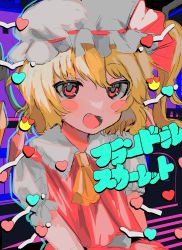 Rule 34 | 1girl, absurdres, ascot, belt, black background, blonde hair, blue background, blush, blush stickers, character name, collared shirt, commentary request, crystal, dress, fang, fangs, flandre scarlet, grey background, grey belt, grey hat, grey shirt, hair between eyes, hat, hat ribbon, heart, highres, jewelry, looking at viewer, mob cap, momae makku, multicolored background, multicolored wings, one side up, open mouth, orange ascot, pink background, puffy short sleeves, puffy sleeves, purple background, red dress, red eyes, red ribbon, ribbon, shirt, short hair, short sleeves, smile, solo, striped, striped background, tongue, touhou, wings