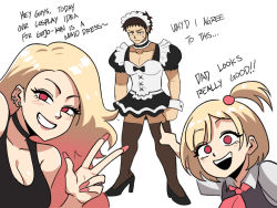 Rule 34 | 1boy, 2girls, :d, aged up, alternate costume, black choker, black footwear, black thighhighs, blonde hair, brown hair, choker, commentary, crossdressing, ear piercing, english commentary, english text, enmaided, family, father and daughter, fingernails, frilled choker, frills, gojou wakana, gradient hair, grin, high heels, highres, if they mated, kitagawa marin, long fingernails, long hair, looking at viewer, maid, maid headdress, meme, mother and daughter, multicolored hair, multiple girls, nail polish, one side up, open mouth, piercing, pink hair, pink nails, pointing, red eyes, selfie, shoes, short hair, simple background, smile, sono bisque doll wa koi wo suru, thighhighs, tina fate, two soyjaks pointing (meme), w, white background, wrist cuffs