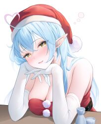 bare_shoulders blue_hair blush breasts choko_(cup) cleavage cup dress gradient_hair hat highres hololive large_breasts long_hair looking_at_viewer multicolored_hair pink_hair pointy_ears red_hat sakazuki santa_costume santa_dress santa_hat shirt simple_background smile strapless strapless_dress sumeragi_sumika two-tone_hair upper_body virtual_youtuber white_shirt yellow_eyes yukihana_lamy