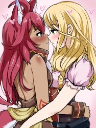 Rule 34 | alice (rune factory), animal ear fluff, animal ears, arm tattoo, artist request, blonde hair, blue eyes, blush, cat ears, character request, dark skin, dog girl, fang, fuuka (rune factory), green eyes, highres, imminent kiss, long hair, looking at another, noses touching, red hair, rune factory, rune factory 5, tattoo, yuri