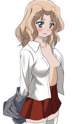 Rule 34 | 1girl, blazer, blonde hair, blouse, blue eyes, blush, clothes pull, collared shirt, commentary, cowboy shot, girls und panzer, grey jacket, hair intakes, highres, jacket, jacket pull, kay (girls und panzer), long hair, long sleeves, looking at viewer, medium hair, miniskirt, open clothes, open shirt, parted lips, pleated skirt, red skirt, saunders school uniform, school uniform, shirt, simple background, skirt, smile, solo, standing, sweat, thighhighs, wakku kan, white background, white shirt, white thighhighs