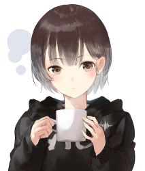 Rule 34 | 1girl, bad id, bad pixiv id, black hoodie, blush, brown eyes, brown hair, closed mouth, clothes writing, commentary request, cup, fingernails, head tilt, highres, holding, holding cup, hood, hood down, hoodie, long sleeves, looking at viewer, mug, original, shii (kairi-t-k0317), short hair, sleeves past wrists, solo, white background