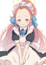 Rule 34 | 1girl, ahoge, blue archive, blue bow, blue bowtie, blue eyes, blue ribbon, blush, bow, bowtie, commentary request, forehead, hair bow, hair ribbon, halo, highres, long hair, looking at viewer, maid, maid headdress, mote max, official alternate costume, open mouth, partial commentary, ponytail, puffy short sleeves, puffy sleeves, red hair, ribbon, short sleeves, solo, white bow, yellow halo, yuzu (blue archive), yuzu (maid) (blue archive)