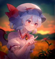 Rule 34 | 1girl, 60mai, animal, bug, closed mouth, dragonfly, hair between eyes, hat, insect, mob cap, pink hat, purple hair, red eyes, remilia scarlet, short hair, smile, solo, touhou