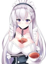 Rule 34 | 1girl, azur lane, belfast (azur lane), blush, braid, breasts, cleavage, closed mouth, collarbone, crossed arms, cup, dress, french braid, highres, large breasts, long hair, looking at viewer, maid, maid headdress, purple eyes, silver hair, smile, solo, teacup, upper body, wakamezake, white background, yan lie
