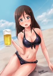 Rule 34 | 1girl, alcohol, bad id, bad twitter id, beach, beer, beer mug, bikini, black bikini, blue eyes, breasts, brown hair, character request, cloud, cup, day, frilled bikini, frills, front-tie top, haruhata mutsuki, highres, long hair, looking at viewer, medium breasts, mug, open mouth, outdoors, sand, signature, sitting, sky, smile, solo, swimsuit, twitter username