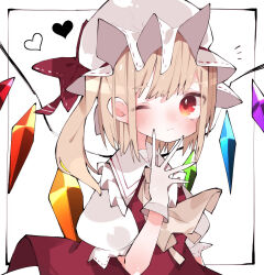 Rule 34 | 1girl, ascot, blonde hair, closed mouth, commentary, crystal, crystal wings, flandre scarlet, gloves, hat, heart, highres, looking at viewer, medium hair, mob cap, nacht musik, one eye closed, puffy short sleeves, puffy sleeves, red eyes, short sleeves, side ponytail, simple background, solo, touhou, upper body, white background, white gloves, wings