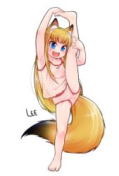Rule 34 | 1girl, :d, animal ear fluff, animal ears, arm up, armpits, artist name, bare legs, barefoot, blonde hair, blue eyes, blunt bangs, camisole, commentary request, fangs, feet, fox ears, fox girl, fox tail, full body, hand on own foot, hand on own leg, komugi (lee), lee (colt), leg up, legs, long hair, looking at viewer, open mouth, original, panties, pink camisole, pink panties, simple background, slit pupils, smile, solo, split, standing, standing on one leg, standing split, tail, thighs, toes, underwear, underwear only, very long hair, white background