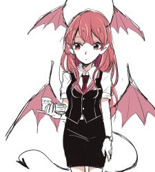 Rule 34 | 1girl, bat wings, black skirt, black vest, collared shirt, cowboy shot, cup, demon tail, dot mouth, eyes visible through hair, hair between eyes, head wings, holding, holding tray, koakuma, long hair, looking to the side, low wings, mozukuzu (manukedori), necktie, pointy ears, red eyes, red hair, red necktie, shirt, sidelocks, simple background, sketch, skirt, skirt set, solo, tail, touhou, tray, vest, watch, white background, white shirt, wings