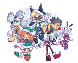Rule 34 | 5girls, bell, belle the tinkerer, boots, christmas, closed eyes, doll joints, furry, hat, highres, horns, jewel the beetle, joints, multiple girls, scarf, sonic (series), striped legwear, sweater, tail, tangle the lemur, whisper the wolf