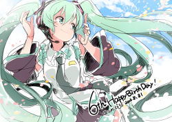Rule 34 | 10s, 1girl, 2013, artist name, beamed quavers, dated, detached sleeves, green eyes, green hair, happy birthday, hatsune miku, headset, long hair, matching hair/eyes, musical note, necktie, quaver, smile, solo, staff (music), treble clef, twintails, umiko (munemiu), very long hair, vocaloid