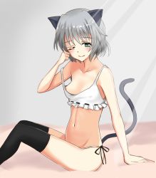 Rule 34 | 1girl, animal ears, aqua eyes, arm support, bad id, bad pixiv id, bomb (wooooof), breasts, cat ears, cat tail, looking at viewer, navel, nipple slip, nipples, one eye closed, panties, rubbing eyes, sanya v. litvyak, short hair, side-tie panties, silver hair, sitting, small breasts, solo, strike witches, tail, thighhighs, underwear, world witches series