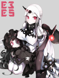 Rule 34 | 10s, 2girls, abyssal ship, bare shoulders, black hair, black legwear, blush, breasts, claws, detached sleeves, dress, covered erect nipples, gothic lolita, high heels, horns, isolated island oni, kantai collection, large breasts, lolita fashion, long hair, looking at viewer, multiple girls, pale skin, pantyhose, red eyes, ribbed dress, seaport princess, sideboob, single horn, smile, sweater, sweater dress, tetsubuta, very long hair, white hair
