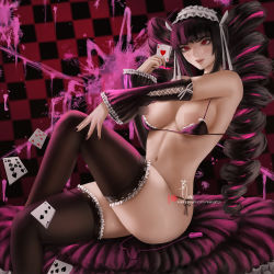 Rule 34 | 1girl, ace (playing card), ace of hearts, bad id, bad pixiv id, bare shoulders, bikini, black bikini, black hair, black nails, black thighhighs, blunt bangs, breasts, card, celestia ludenberg, censored, censored nipples, checkered background, cleavage, commentary request, commission, crossed legs, danganronpa: trigger happy havoc, danganronpa (series), detached sleeves, feet out of frame, fingernails, frilled bikini, frilled sleeves, frilled thighhighs, frills, hairband, heart, holding, holding card, knee up, large breasts, lolita fashion, lolita hairband, long fingernails, long sleeves, multicolored hair, nail polish, object insertion, parted lips, pink hair, pink lips, playing card, red bikini, red eyes, sex toy, sitting, smile, solo, swimsuit, thighhighs, two-tone hair, vibrator, vibrator cord, wei (promise 0820)