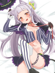 Rule 34 | 1girl, absurdres, animal ears, ass, black capelet, black headwear, black skirt, blunt bangs, blush, breasts, capelet, cat ears, cat girl, cat tail, collar, grey hair, grey shirt, grey thighhighs, hair bun, hair ornament, hairband, half updo, hat, highres, hololive, leash, long hair, long sleeves, looking at viewer, lying, microskirt, midriff, miniskirt, murasaki shion, murasaki shion (1st costume), navel, on back, open clothes, open mouth, pinstripe pattern, pinstripe shirt, red collar, shirt, short eyebrows, single side bun, skirt, small breasts, solo, striped clothes, striped shirt, striped thighhighs, tail, thighhighs, tilted headwear, vertical-striped clothes, vertical-striped shirt, vertical-striped thighhighs, virtual youtuber, witch hat, yellow eyes, youyoukai