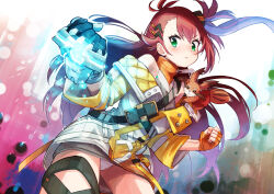 Rule 34 | 1girl, abstract background, absurdres, armed fantasia, blue hair, brown hair, buckle, clenched hands, closed mouth, commission, cowboy shot, creature, dot nose, fingerless gloves, gloves, green eyes, highres, jacket, legs apart, long hair, looking at viewer, multicolored background, multicolored hair, nyama, orange gloves, panties, pantyshot, pink hair, pixiv commission, serious, side ponytail, skirt, soleil ainsley, standing, streaked hair, strisch (armed fantasia), two-tone hair, underwear, upskirt, white panties