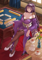 Rule 34 | 1girl, animal, animal on shoulder, breasts, chain, cup, curtains, flower, from above, garter straps, hair ornament, hairband, hairclip, hedgehog, high heels, highres, japanese clothes, large breasts, lily (flower), looking at viewer, mahjong, mahjong soul, mahjong table, mahjong tile, mole, mole under eye, nikaidou miki, purple eyes, purple hair, rug, sitting, solo, table, tea, teacup, teapot, thighhighs, umino haruka (harukaumino6), vase, white flower, white footwear, window, yostar