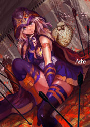 Rule 34 | 1girl, armlet, arrow (projectile), ashe (league of legends), bird, blue eyes, breasts, bridal gauntlets, canking, cleavage, dress, hawk, highres, hood, league of legends, long hair, quiver, short dress, silver hair, sitting, smile, solo, thighhighs