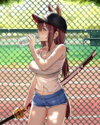 Rule 34 | 1girl, animal ears, bad id, bad pixiv id, bare shoulders, baseball cap, black hat, blue shorts, bottle, breasts, brown hair, covered erect nipples, cowboy shot, day, denim, denim shorts, drinking, fence, hat, highres, holding, holding bottle, holding sword, holding weapon, large breasts, long hair, midriff, original, outdoors, see-through, sheath, sheathed, shirt, short shorts, shorts, solo, standing, summer, sweat, sword, tail, tank top, torn clothes, torn shirt, water, water bottle, weapon, white shirt, white tank top, xubai
