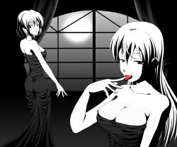 Rule 34 | 2girls, :o, alternate costume, ass, bare arms, bare shoulders, black dress, blush, breasts, cleavage, collarbone, curtains, dress, eila ilmatar juutilainen, finger to tongue, full moon, hair between eyes, hiro yoshinaka, indoors, large breasts, long dress, looking at viewer, looking back, moon, multiple girls, open mouth, partially colored, sanya v. litvyak, short hair, small breasts, standing, strapless, strapless dress, strike witches, tongue, tongue out, upper body, window, world witches series