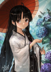 Rule 34 | 1girl, ahoge, alternate costume, black hair, blush, bow, brown eyes, dated, day, flower, highres, holding, holding umbrella, hydrangea, japanese clothes, kantai collection, leaf, long hair, long sleeves, low-tied long hair, oil-paper umbrella, outdoors, rain, shouhou (kancolle), signature, smile, solo, toka (marchlizard), umbrella, wide sleeves