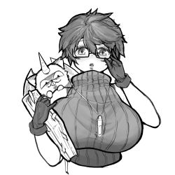 Rule 34 | 1girl, absurdres, adjusting eyewear, alternate breast size, archfiend marmot of nefariousness, aussa (yu-gi-oh!), aussa the earth charmer, blush, book, breasts, commentary, commentary request, duel monster, gloves, greyscale, hair between eyes, highres, holding, holding book, huge breasts, jewelry, korean commentary, large breasts, looking at viewer, messy hair, monochrome, necklace, open mouth, rectangular eyewear, ribbed sweater, scemonkey, semi-rimless eyewear, short hair, simple background, solo, sweater, turtleneck, turtleneck sweater, yu-gi-oh!