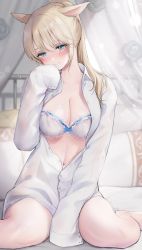 Rule 34 | 1girl, absurdres, animal ears, bed, between legs, blonde hair, blue eyes, blush, bow, bow bra, bra, breasts, cat ears, cleavage, collared shirt, facial mark, final fantasy, final fantasy xiv, frilled bra, frills, hand between legs, hand to own mouth, highres, indoors, kurosawa itsuki, long hair, long sleeves, medium breasts, miqo&#039;te, navel, on bed, open clothes, open shirt, oversized clothes, oversized shirt, pillow, ponytail, shirt, sidelocks, sitting, sleeves past wrists, solo, underwear, wariza, warrior of light (ff14), whisker markings, white bra, white shirt