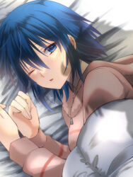 Rule 34 | 1girl, bed, blue eyes, blue hair, blush, ciel (tsukihime), commentary request, highres, looking at viewer, lying, medium hair, one eye closed, open mouth, solo, tsukihime, tsukihime (remake), under covers, vent vert (kuuya)