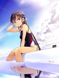 Rule 34 | 1girl, absurdres, black hair, breasts, closed mouth, cloud, cloudy sky, competition swimsuit, contrail, day, hair ornament, half updo, highres, kakumeiki valvrave, long hair, looking at viewer, medium breasts, nino (shira), one-piece swimsuit, pool, purple eyes, reflection, rukino saki, sitting, sky, swimsuit, twitter username, water