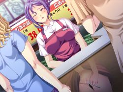 Rule 34 | aniyome chijoku no time sale, aotonbo, apron, blue hair, blush, censored, clerk, clothes lift, masturbation, pussy juice, shop, skirt, skirt lift, sneaky, stealth masturbation