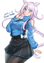 Rule 34 | 1girl, absurdres, black skirt, blue eyes, blue sweater, braid, breasts, cowboy shot, dated, hair flaps, highres, kantai collection, katou shinobu, long hair, looking at viewer, medium breasts, mole, mole under eye, official alternate costume, one-hour drawing challenge, single braid, skirt, smile, solo, suspender skirt, suspenders, sweater, twitter username, umikaze (kancolle), umikaze kai ni (kancolle), very long hair, white hair