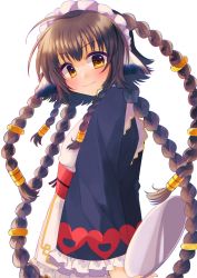 Rule 34 | 1girl, absurdly long hair, ahoge, animal ears, anju (utawarerumono), apron, aquaplus, arms behind back, blush, braid, breasts, brown hair, closed mouth, dress, fang, frilled dress, frilled sleeves, frills, from behind, from side, gradient eyes, hair between eyes, hair ornament, highres, long hair, long sleeves, looking at viewer, maid, maid apron, maid headdress, multicolored eyes, orange eyes, raised eyebrows, sidelocks, small breasts, solo, standing, upper body, utawarerumono, utawarerumono: itsuwari no kamen, utawarerumono: lost flag, very long hair, wavy mouth, wide sleeves, yasonomugi
