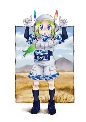 Rule 34 | 1girl, ascot, black shirt, black socks, blue eyes, blue footwear, blue sky, camouflage trim, cloud, cloudy sky, commentary, cross-laced footwear, day, field, full body, glasses, gloves, green hair, grey jacket, grey shorts, hat feather, helmet, jacket, japari symbol, kemono friends, layered sleeves, long hair, long sleeves, looking at viewer, mirai (kemono friends), nyororiso (muyaa), open mouth, outdoors, pith helmet, pouch, safari jacket, shirt, shoes, short over long sleeves, short sleeves, shorts, sky, socks, solo, standing, white gloves, wind