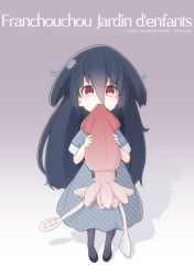 Rule 34 | 1girl, aged down, biting, black footwear, black hair, black pantyhose, commentary request, diagonal stripes, dress, french text, gradient background, grey background, grey dress, hair between eyes, haya bs, highres, holding, holding stuffed toy, long hair, looking at viewer, pantyhose, red eyes, shadow, shoes, short sleeves, solo, striped clothes, striped dress, stuffed animal, stuffed squid, stuffed toy, twitter username, very long hair, white background, yamada tae, zombie land saga