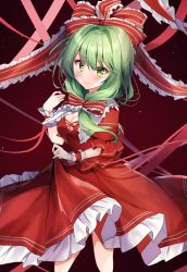 Rule 34 | 1girl, bow, bowtie, breasts, cleavage, closed mouth, clothes lift, cross-laced clothes, cross-laced top, frilled shirt, frilled skirt, frilled sleeves, frills, front ponytail, green eyes, green hair, hair between eyes, hair bow, hair intakes, hand up, highres, kagiyama hina, large breasts, lifting own clothes, light particles, long skirt, looking at viewer, nenobi (nenorium), puffy short sleeves, puffy sleeves, red background, red bow, red shirt, red skirt, red theme, shirt, short sleeves, skirt, skirt lift, skirt set, smile, solo, standing, striped, striped bow, touhou, wrist cuffs