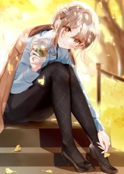 Rule 34 | 1girl, autumn, bad id, bad twitter id, black pantyhose, blue shirt, brown eyes, coffee, coffee cup, commentary, cup, disposable cup, dress shirt, earrings, eyes visible through hair, hair bun, head tilt, high heels, highres, id card, jacket, jacket on shoulders, jewelry, leaf, long sleeves, looking at viewer, misumi (macaroni), office lady, original, outdoors, pantyhose, shirt, sidelocks, single hair bun, sitting, smile, solo, tights day
