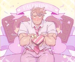 Rule 34 | 1boy, bara, belt, blush, box, box of chocolates, brown hair, candy, chocolate, chocolate heart, closed mouth, collared shirt, facial hair, food, grey pants, heart, highres, holding, holding box, looking at viewer, male focus, muscular, muscular male, necktie, original, pants, pink belt, saturday (hokawazu), shirt, short hair, sitting, solo, stubble, valentine, white shirt