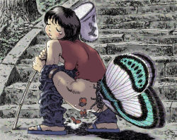 Rule 34 | 1girl, ass, bare shoulders, bestiality, blush, breasts, bug, butterfly, butterfly net, closed eyes, clothes pull, flip-flops, from behind, full body, giant insect, hand net, impossible clothes, impossible shirt, insect, object insertion, outdoors, pants, pants pull, parted lips, public indecency, pussy juice, pussy juice drip, sandals, shirt, short hair, sleeveless, sleeveless shirt, small breasts, squatting, stairs, tongue, tongue out, touta, uncensored, vaginal, vaginal object insertion