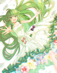 Rule 34 | 1girl, :d, absurdres, artist name, bow, breasts, cleavage, dress, earrings, feet out of frame, floral print, green eyes, green hair, highres, jewelry, leaf, long hair, open mouth, otogami mimin, outstretched arms, pppppp, sh1ma gara, simple background, sleeveless, sleeveless dress, small breasts, smile, solo, white background, white dress