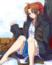 Rule 34 | 1990s (style), 1girl, aerith gainsborough, barefoot, belt, black hair, bream-tan, brown hair, coat, female focus, final fantasy, final fantasy vii, green eyes, highres, oversized clothes, ponytail, pouch, ribbon, sitting, skirt, solo