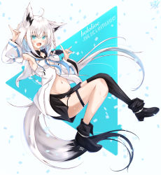 Rule 34 | ahoge, animal ear fluff, animal ears, aqua eyes, arm up, asymmetrical footwear, black footwear, black sailor collar, black shorts, black thighhighs, blue background, blush, braid, character name, collarbone, detached sleeves, double fox shadow puppet, double n/, fox ears, fox girl, fox shadow puppet, fox tail, full body, hair between eyes, hand up, highres, hololive, looking at viewer, medium hair, mismatched footwear, \\n/, navel, open mouth, pentagram, sailor collar, shirakami fubuki, shirakami fubuki (1st costume), shirt, shoes, short shorts, shorts, side braid, signature, single thighhigh, solo, sumishi (sumisi 3), tail, thigh strap, thighhighs, virtual youtuber, white background, white hair, white shirt, white sleeves, wide sleeves