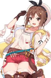Rule 34 | 1girl, :d, arm up, atelier (series), atelier ryza, atelier ryza 1, belt, belt buckle, beret, black ribbon, blue belt, blush, breasts, brown belt, brown eyes, brown gloves, brown hair, brown thighhighs, buckle, cleavage, collarbone, commentary request, flask, gloves, hair between eyes, hair ornament, hairclip, hand up, hat, highres, hood, hood down, hooded jacket, jacket, jewelry, looking at viewer, medium breasts, minikon, navel, necklace, open clothes, open jacket, open mouth, red shorts, reisalin stout, ribbon, round-bottom flask, shirt, short shorts, short sleeves, shorts, simple background, single glove, sleeveless, sleeveless jacket, smile, solo, star (symbol), star necklace, thigh gap, thighhighs, vial, white background, white hat, white shirt, yellow jacket