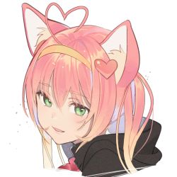 Rule 34 | 1girl, ahoge, animal ears, bad id, bad twitter id, cat ears, commentary request, green eyes, hair between eyes, hair ornament, hairband, heart, heart ahoge, heart hair ornament, highres, hood, hood down, hoodie, koyoi mitsuki, long hair, parted lips, pink hair, portrait, rosia (show by rock!!), show by rock!!, simple background, smile, solo, upper body, white background