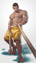Rule 34 | 1boy, abs, absurdres, bara, eyebrow cut, highres, large pectorals, looking at viewer, male focus, mature male, multiple scars, muscular, muscular male, navel, nipples, original, pectorals, pulling, rope, scar, selkiro, short hair, shorts, solo, standing, stomach, topless male, yellow shorts