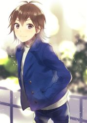 Rule 34 | 1boy, belt, blurry, brown eyes, brown hair, cowboy shot, depth of field, hands in pockets, kikuchi mataha, kyo (vocaloid), male focus, pocket, ribbed sweater, solo, sweater, vocaloid, walking, zola project
