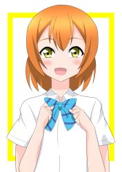 Rule 34 | 1girl, absurdres, adjusting bow, aqua bow, artist name, artist request, blue bow, blush, bow, bowtie, breasts, close-up, collared shirt, female focus, green eyes, hair between eyes, highres, hoshizora rin, jacket, long sleeves, looking at viewer, love live!, love live! school idol project, orange hair, otonokizaka school uniform, parted lips, school uniform, shirt, short hair, short sleeves, small breasts, smile, solo, striped, striped bow, upper body, white background, white shirt, yellow eyes